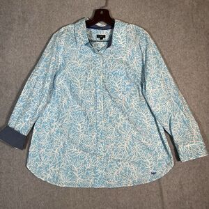 Talbots Blouse Top Womens 1X Blue White Corral Reef Ocean Roll-Tab Cotton Shirt